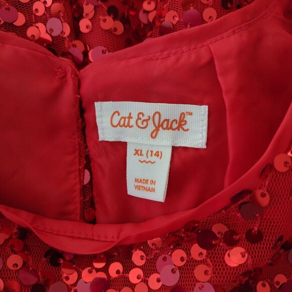 Cat & Jack Girls Red Sequin Dress XL 14 Puff Sleeve Fit n Flare - Picture 2 of 11